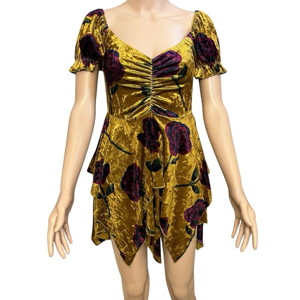 Current Mood Mustard Gold Velvet Mini Dress with Purple Rose Print